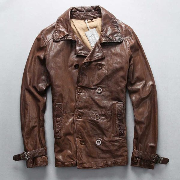 men's leather & faux autumn genuine jacket men lapel vegetable tanned goatskin business casual double breasted motorcycle, Black
men's leather & faux autumn genuine jacket men lapel vegetable tanned goatskin business casual double breasted motorcycle, Black