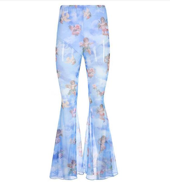 summer flare transparent angel pattern women pants high waist trousers, Black;white 
summer flare transparent angel pattern women pants high waist trousers, Black;white