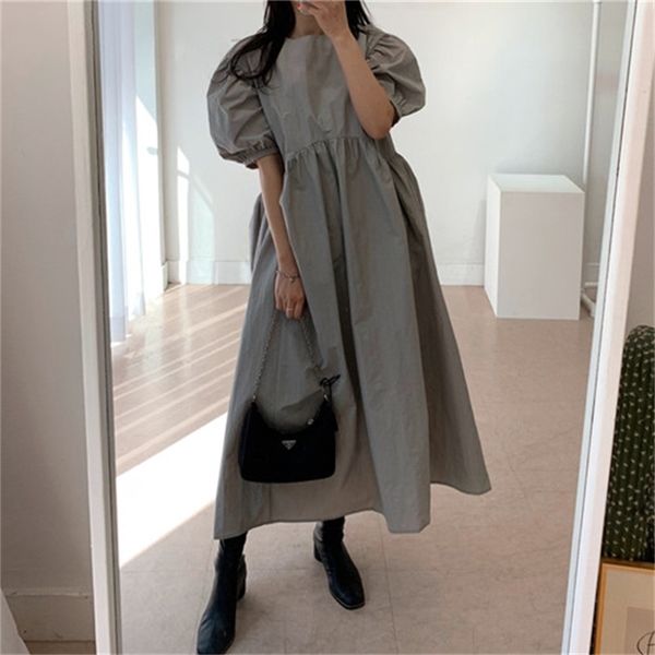 women korea retro irregular waistline temperament grey puff sleeve summer loose long ress 210615, Black;gray
women korea retro irregular waistline temperament grey puff sleeve summer loose long ress 210615, Black;gray