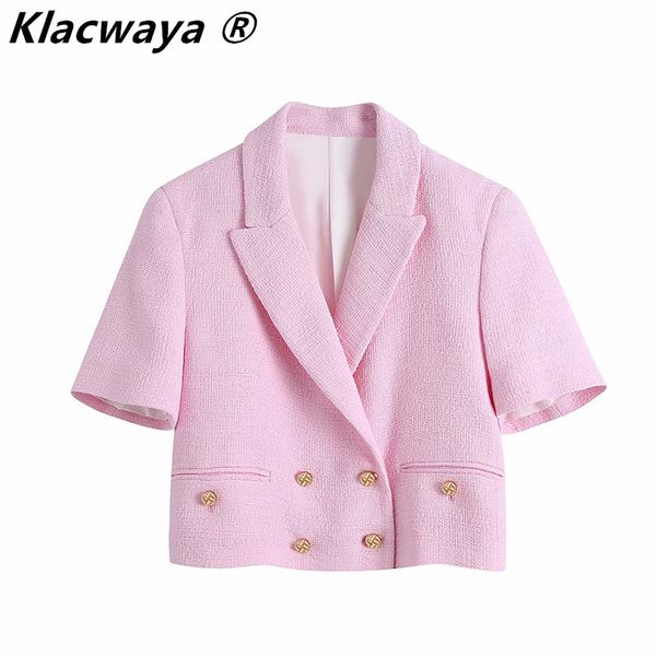 za women fashion double breasted pockets short sleeve texture blazers buttons spring pink coat suit set 210521, White;black
za women fashion double breasted pockets short sleeve texture blazers buttons spring pink coat suit set 210521, White;black