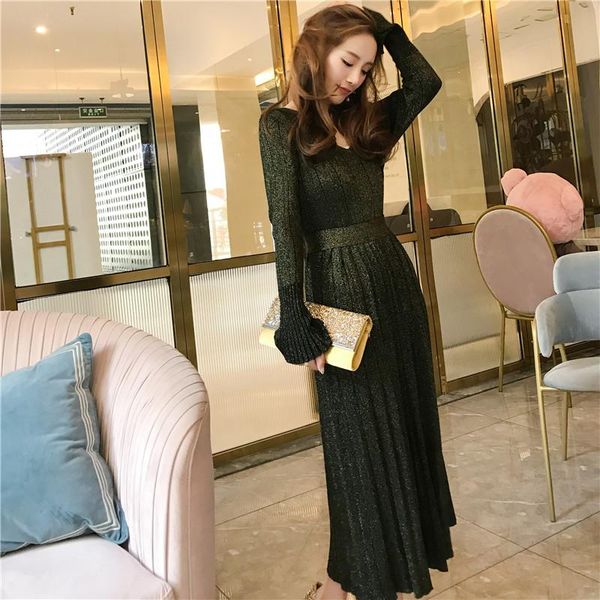 casual dresses winter knitted dress women bright silk flare sleeve green draped pleated female slim belted long sweater vestidos robe, Black;gray
casual dresses winter knitted dress women bright silk flare sleeve green draped pleated female slim belted long sweater vestidos robe, Black;gray
