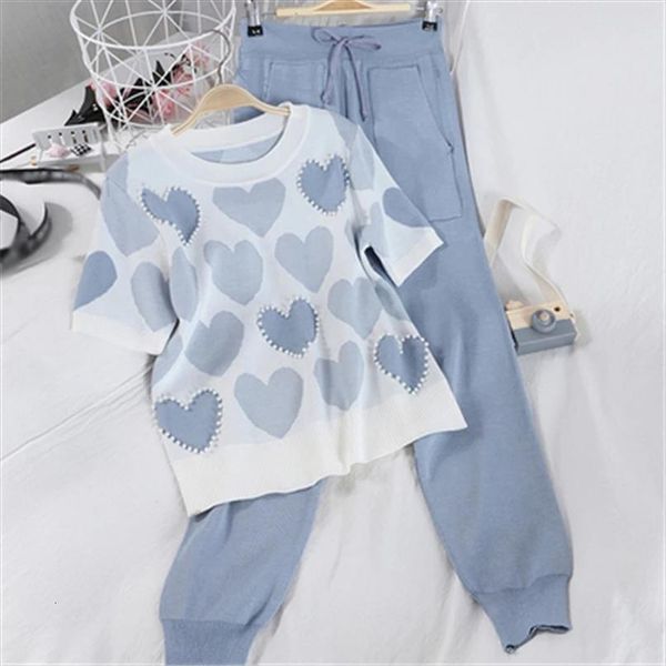 summer sweet mind pattern knitted womens tracksuits two piece set short sleeve o neck pearls pullover leisure haren pants, Gray
summer sweet mind pattern knitted womens tracksuits two piece set short sleeve o neck pearls pullover leisure haren pants, Gray