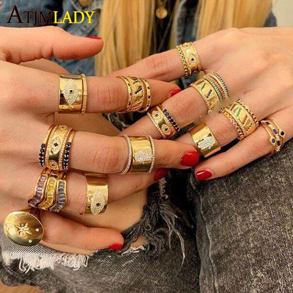 cluster rings engraved cz evil eye band ring for women engagement 2021 fashion classic gold wide big luxury dainty, Golden;silver