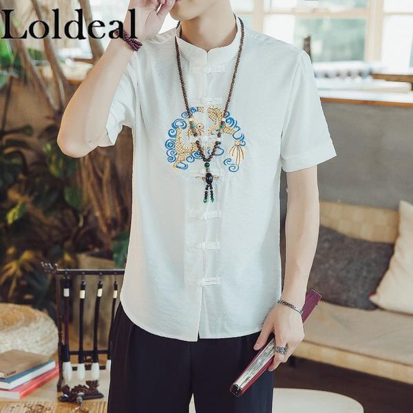 men's casual shirts loldeal chinese style short sleeve shirt slim cotton and linen embroidery stand collar, White;black
men's casual shirts loldeal chinese style short sleeve shirt slim cotton and linen embroidery stand collar, White;black