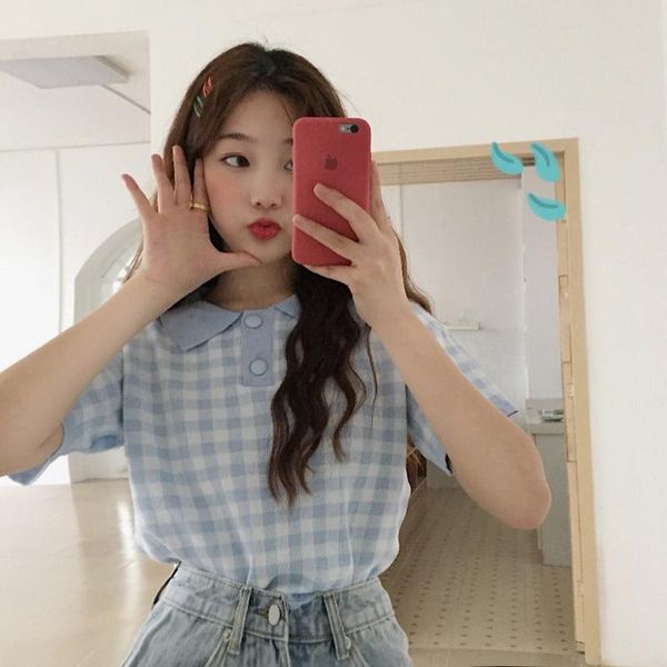 knitted short sleeve t-shirts korean plaid button turn-down collar ladies sweet style women's clothing summer japanese tees t-shirt, White
knitted short sleeve t-shirts korean plaid button turn-down collar ladies sweet style women's clothing summer japanese tees t-shirt, White