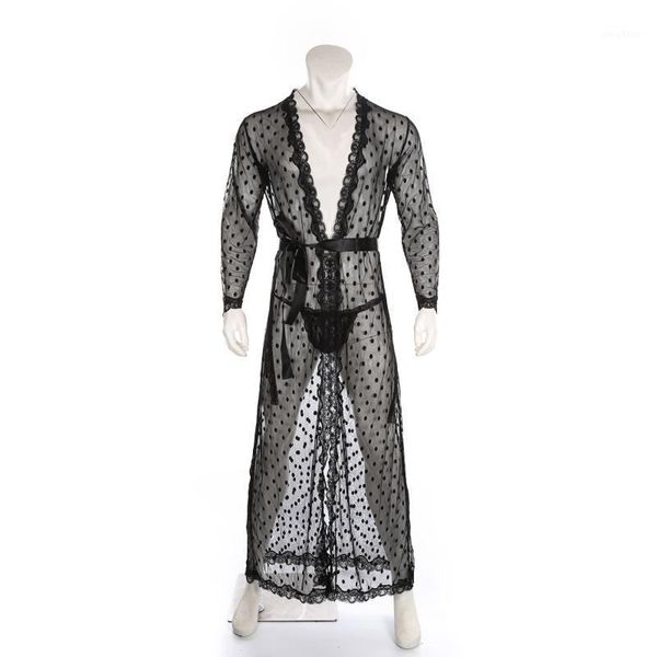 men's sleepwear mens long robe transparent lace cardigan bathrobe one-piece nightwear with t-back belt, Black;brown
men's sleepwear mens long robe transparent lace cardigan bathrobe one-piece nightwear with t-back belt, Black;brown