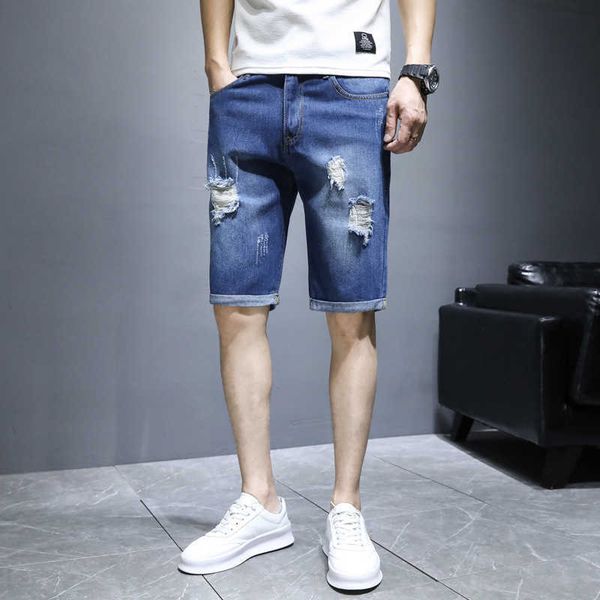 korean spring men's 5-point jeans elastic pants 209, Blue