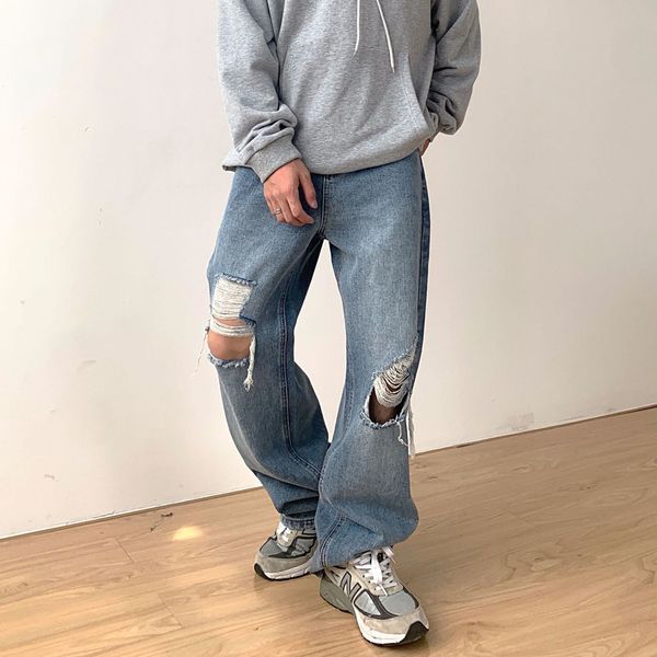 men's jeans broken hole loose washed straight harajuku style vintage casual denim pants male wide leg trousers livn, Blue
men's jeans broken hole loose washed straight harajuku style vintage casual denim pants male wide leg trousers livn, Blue