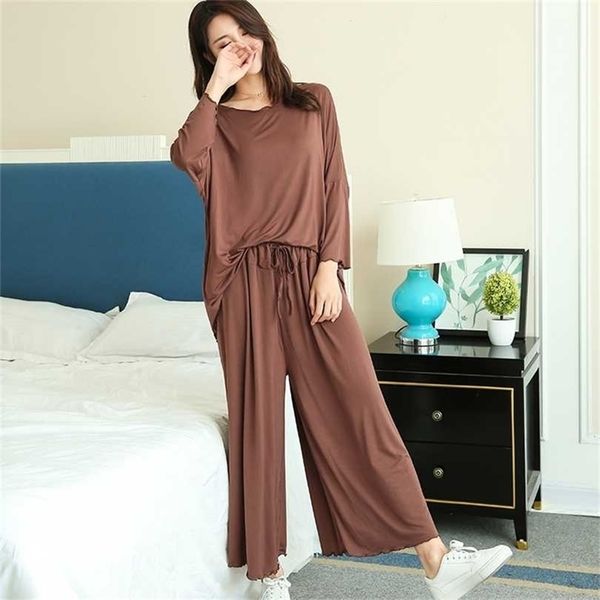 plus size home suit autumn loose long-sleeved pajamas two-piece set nine-point wide leg pants pijama sleepwear femme 211116, Black;red 
plus size home suit autumn loose long-sleeved pajamas two-piece set nine-point wide leg pants pijama sleepwear femme 211116, Black;red