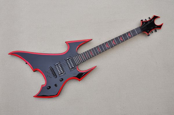 unusual shape black body electric guitar with rosewood fretboard,black hardware,red binding,provide customized services
unusual shape black body electric guitar with rosewood fretboard,black hardware,red binding,provide customized services