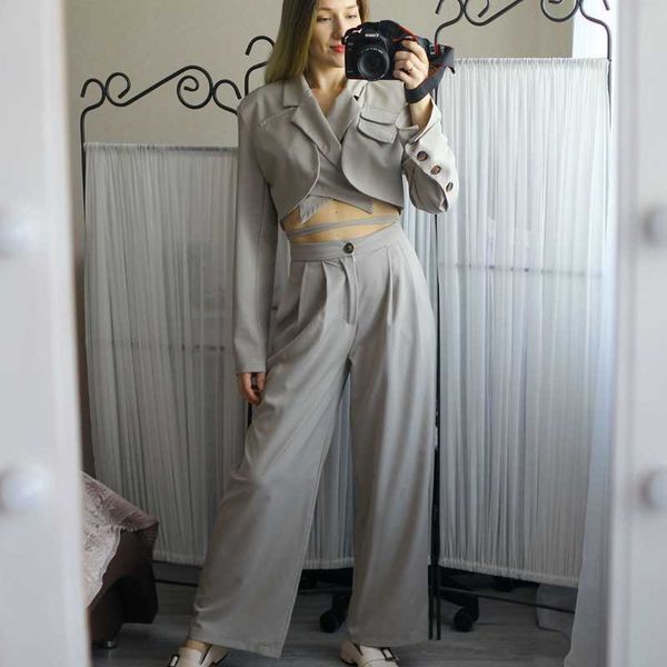 summer korean streetwear two piece set women crop office lady lace-up short coat + high waist long pants suits 210930, White 
summer korean streetwear two piece set women crop office lady lace-up short coat + high waist long pants suits 210930, White