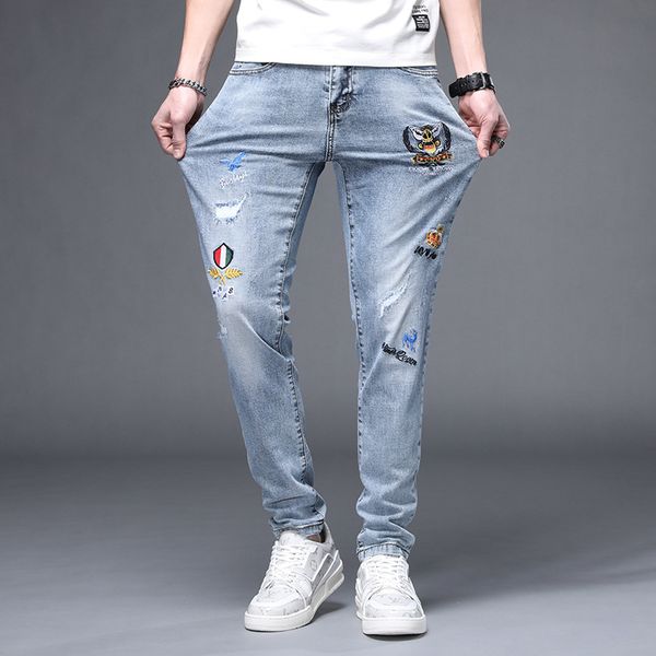 fashion jeans men's spring and summer straight slim leggings embroidery hole elastic pants, Blue
fashion jeans men's spring and summer straight slim leggings embroidery hole elastic pants, Blue
