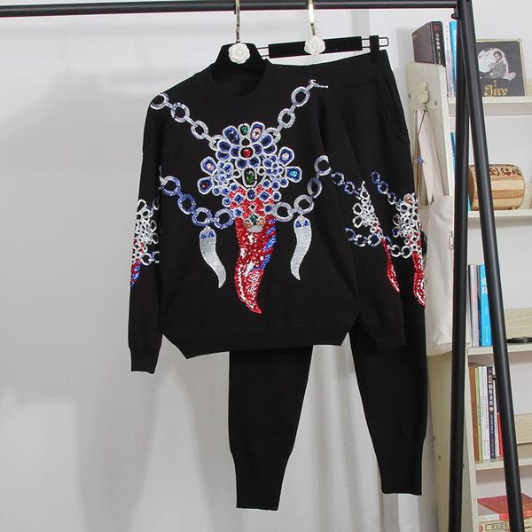 women's two piece pants black knitted set women tracksuits handwork sequins pullover sweater pencil outfits female loose knitting suit, White
women's two piece pants black knitted set women tracksuits handwork sequins pullover sweater pencil outfits female loose knitting suit, White