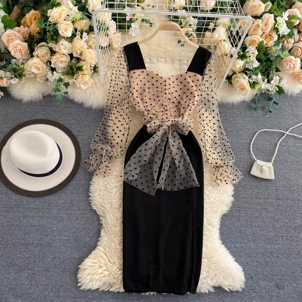 elegant mesh polka dot women dress autumn puff sleeve sweet bow splice a-line french slim short party dresses female casual, Black;gray
elegant mesh polka dot women dress autumn puff sleeve sweet bow splice a-line french slim short party dresses female casual, Black;gray