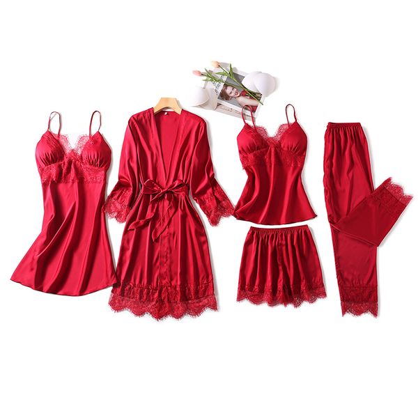 winter women lace trim pajamas 5/3/2/1 pieces satin sleepwear silk homewear clothing autumn female pyjama with chest pads, Black;red
winter women lace trim pajamas 5/3/2/1 pieces satin sleepwear silk homewear clothing autumn female pyjama with chest pads, Black;red
