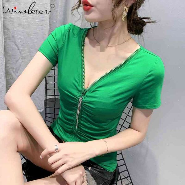 women's t-shirt summer european clothes t-shirt v-neck zipper chain drill chic drape women ropa mujer short sleeve tees, White
women's t-shirt summer european clothes t-shirt v-neck zipper chain drill chic drape women ropa mujer short sleeve tees, White