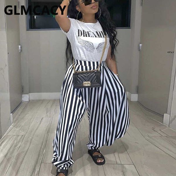 two piece casual suits short sleeve t shirt & striped loose pants set 210702, White