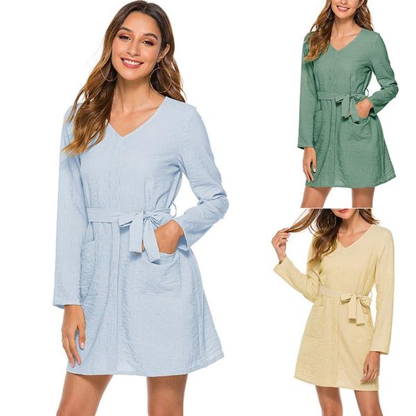 casual dresses women's v-neck pocket long sleeve tie elegant dress, Black;gray
casual dresses women's v-neck pocket long sleeve tie elegant dress, Black;gray