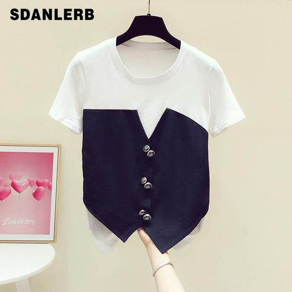 women's t-shirt 2021 summer temperament fake two-piece round neck short sleeve metal fastener decoration fashion jumper, White
women's t-shirt 2021 summer temperament fake two-piece round neck short sleeve metal fastener decoration fashion jumper, White