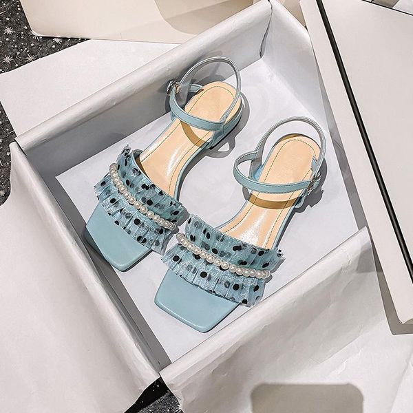 dress shoes sandal women's summer 2021 fashion pearl mesh chunky heel medium size, Black
