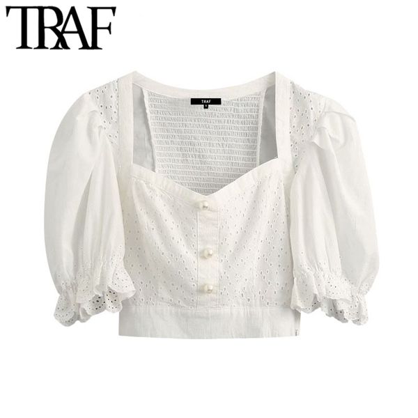 women fashion hollow out embroidery cropped blouses vintage puff sleeve pearl buttons female shirts chic 210507, White
women fashion hollow out embroidery cropped blouses vintage puff sleeve pearl buttons female shirts chic 210507, White