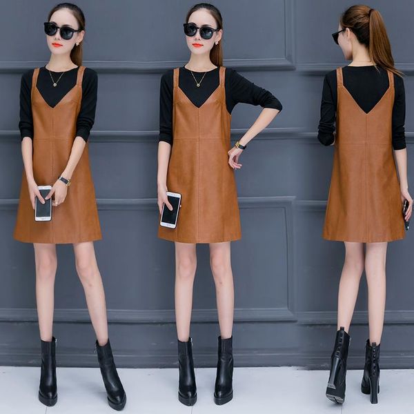 casual dresses korean fashion shoulder-straps women autumn outfit pu leather dress with o neck long-sleeved shirt two-piece, Black;gray
casual dresses korean fashion shoulder-straps women autumn outfit pu leather dress with o neck long-sleeved shirt two-piece, Black;gray