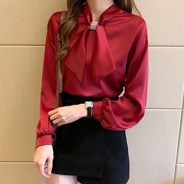 women's blouses & shirts spring chinese red neck bow tie long sleeved satin pull-over chiffon ol, White
women's blouses & shirts spring chinese red neck bow tie long sleeved satin pull-over chiffon ol, White