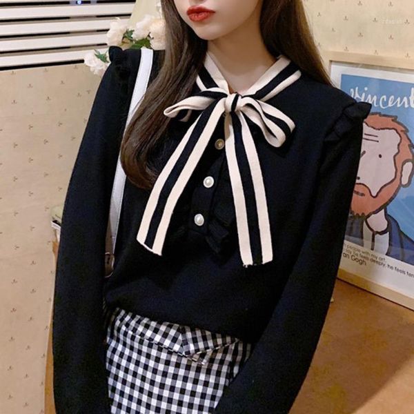 women's sweaters vintage korean bow sweater women autumn winter long sleeve pullover ruffles contrast color knitted pull femme, White;black
women's sweaters vintage korean bow sweater women autumn winter long sleeve pullover ruffles contrast color knitted pull femme, White;black