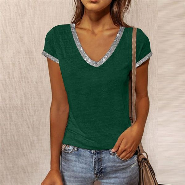 women's t-shirt v neck short sleeve contrast color patchwork sequined streetwear slim short-sleeved, White
women's t-shirt v neck short sleeve contrast color patchwork sequined streetwear slim short-sleeved, White