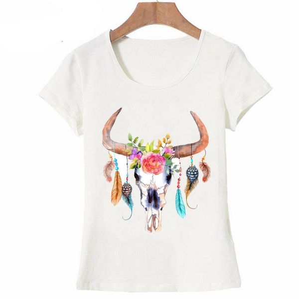women's t-shirt summer punk women bohemian watercolour bull's skull with feathers and flowers art lovely girl casual tees, White
women's t-shirt summer punk women bohemian watercolour bull's skull with feathers and flowers art lovely girl casual tees, White