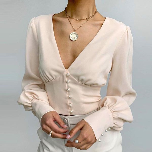 women's blouses & shirts 2021 autumn v-neck lantern sleeve women elegant peal long woman cropped blouse solid color, White
women's blouses & shirts 2021 autumn v-neck lantern sleeve women elegant peal long woman cropped blouse solid color, White