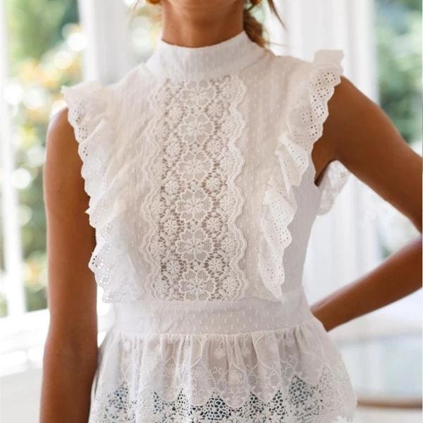 women shirts sleeveless lace shirt white backless elastic waist office lady elegant blouse female summer 210514
women shirts sleeveless lace shirt white backless elastic waist office lady elegant blouse female summer 210514