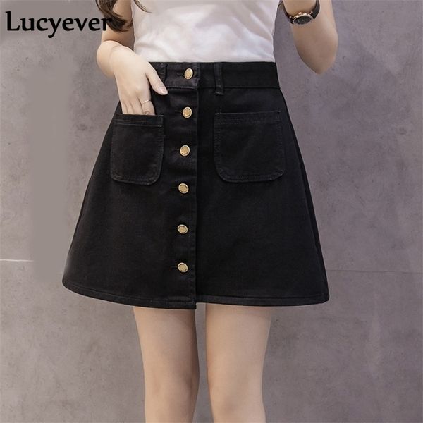 lucyever denim women mini skirt summer vintage high waist korean single button pockets blue jeans a-line ladies saia jupe femme 210319, Black 
lucyever denim women mini skirt summer vintage high waist korean single button pockets blue jeans a-line ladies saia jupe femme 210319, Black