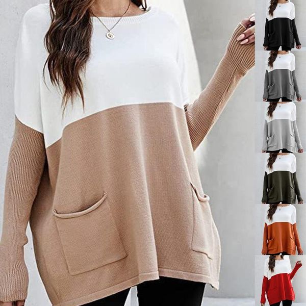 women's sweaters autumn sweater style ladies cotton loose knit long-sleeved round neck color pocket pullover, White;black
women's sweaters autumn sweater style ladies cotton loose knit long-sleeved round neck color pocket pullover, White;black