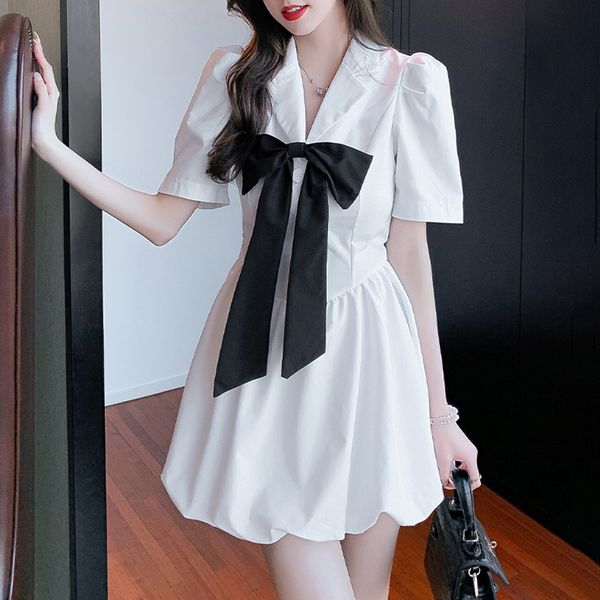 white dress for women summer black chic korean style clothing bow fashion short sleeve notched neck high waist dresses, Black;gray
white dress for women summer black chic korean style clothing bow fashion short sleeve notched neck high waist dresses, Black;gray