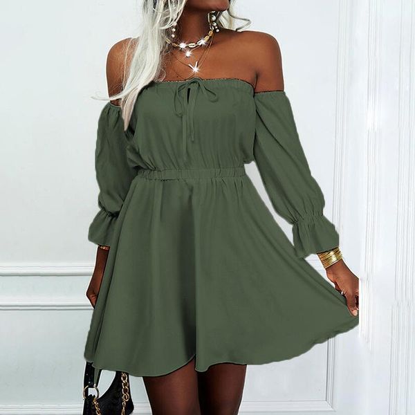 casual dresses slash neck solid mini party elegant off shoulder petal sleeve women dress 2022 spring lady fashion, Black;gray
casual dresses slash neck solid mini party elegant off shoulder petal sleeve women dress 2022 spring lady fashion, Black;gray