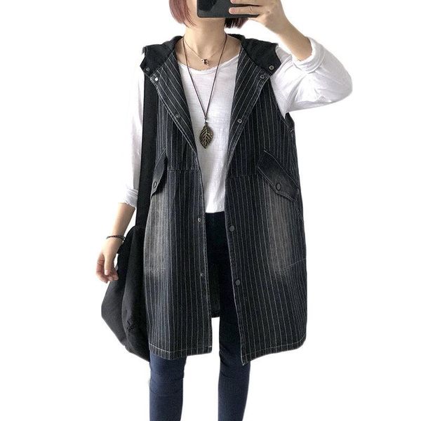 women's vests casual waistcoat hooded denim jacket long women cowboy vest female 2021 spring stripes sleeveless cardigan coat f265, Black;white
women's vests casual waistcoat hooded denim jacket long women cowboy vest female 2021 spring stripes sleeveless cardigan coat f265, Black;white