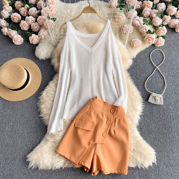 women's tracksuits singreiny women summer fashion streetwear set design off shoulder long sleeve knitted high waist shorts two piec, Gray
women's tracksuits singreiny women summer fashion streetwear set design off shoulder long sleeve knitted high waist shorts two piec, Gray