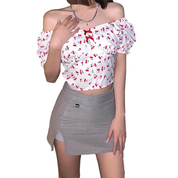women's t-shirt women fashion puff sleeve cherry print stylish square collar for ladies female, White
women's t-shirt women fashion puff sleeve cherry print stylish square collar for ladies female, White