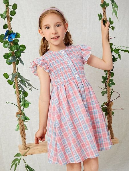 girls tartan ruffle trim button through dress she, Red;yellow 
girls tartan ruffle trim button through dress she, Red;yellow