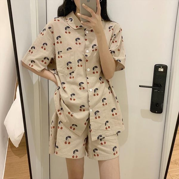 summer 2pcs pajamas cotton linen women sleepwear cherry print home clothes vintage sweet girls pocket floral shirt shorts s888, Black;red
summer 2pcs pajamas cotton linen women sleepwear cherry print home clothes vintage sweet girls pocket floral shirt shorts s888, Black;red