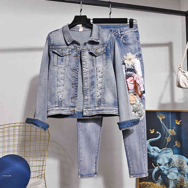 pant korean beading embroidery back print denim set women loose casual short jacket pencil pants 2pc female vintage jeans suit, White
pant korean beading embroidery back print denim set women loose casual short jacket pencil pants 2pc female vintage jeans suit, White