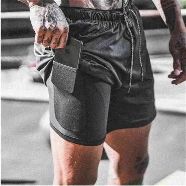 double layer jogger shorts men 2 in 1 short pants gyms fitness built-in pocket quick dry beach shorts male sweatpants 210324, White;black