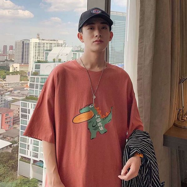 summer round neck short sleeve cartoon t-shirt men's korean loose fun dinosaur print lovers' 5-sleeve top, White;black 
summer round neck short sleeve cartoon t-shirt men's korean loose fun dinosaur print lovers' 5-sleeve top, White;black