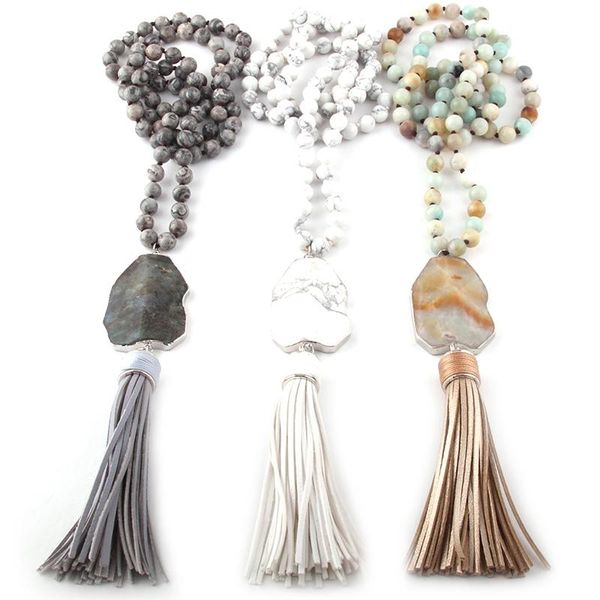 fashion bohemian jewelry gray/white/amazonite stone knotted link leather tassel necklaces women ethnic necklace pendant, Silver