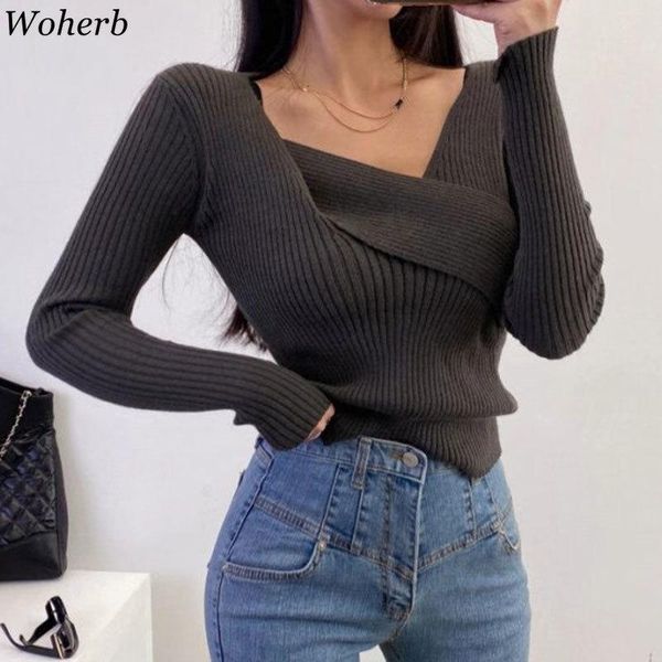 woherb casual korean chic pullover women crossed sweater female slim fit all match knit jumper pull femme 2021 sueter mujer women's sw, White;black
woherb casual korean chic pullover women crossed sweater female slim fit all match knit jumper pull femme 2021 sueter mujer women's sw, White;black