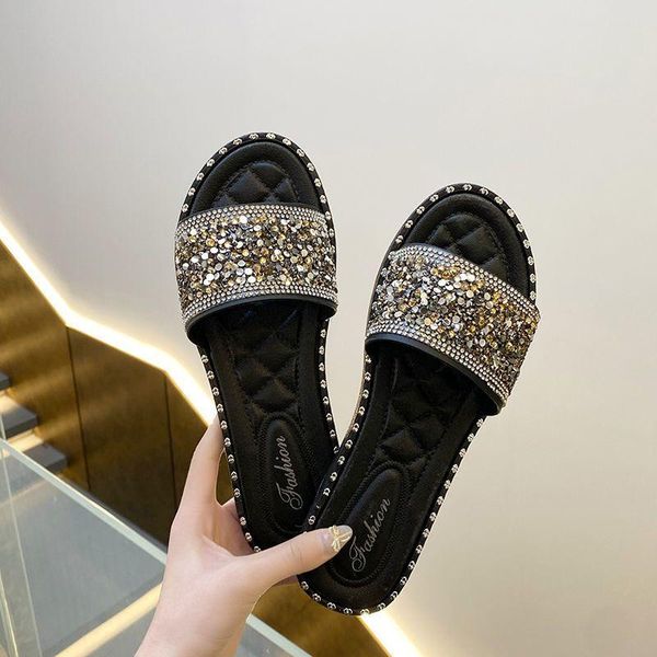 women slippers summer sandals women's sequin flat beach shoes ladies rhinestone, Black
women slippers summer sandals women's sequin flat beach shoes ladies rhinestone, Black