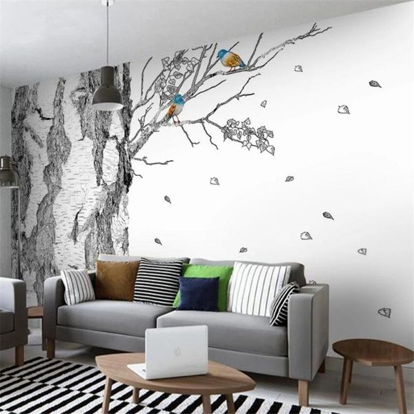 wallpapers milofi custom 3d wallpaper nordic hand-painted black and white birch trees modern tv background wall home decoration
