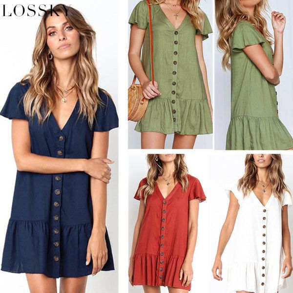 summer casual loose mini dress short sleeve v neck button ruffles cotton white army green solid party female vestidos 210520, Black;gray
summer casual loose mini dress short sleeve v neck button ruffles cotton white army green solid party female vestidos 210520, Black;gray