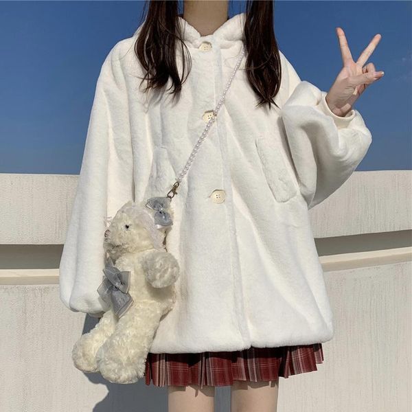women's fur & faux winter jacket cute girl single-breasted thicken soft plush coat vintage long sleeve kawaii jk lolita hooded outweare, Black
women's fur & faux winter jacket cute girl single-breasted thicken soft plush coat vintage long sleeve kawaii jk lolita hooded outweare, Black